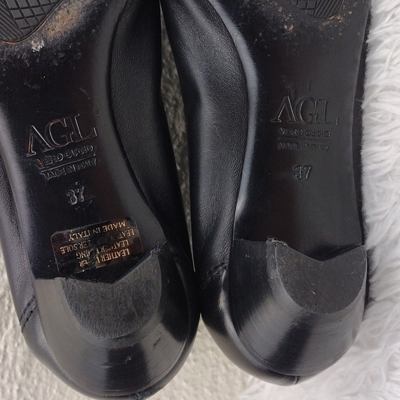 AGL Attilio Giusti Leombruni Black Leather Patent Fringe Toe Low Heel Pump Shoe - Picture 9 of 16